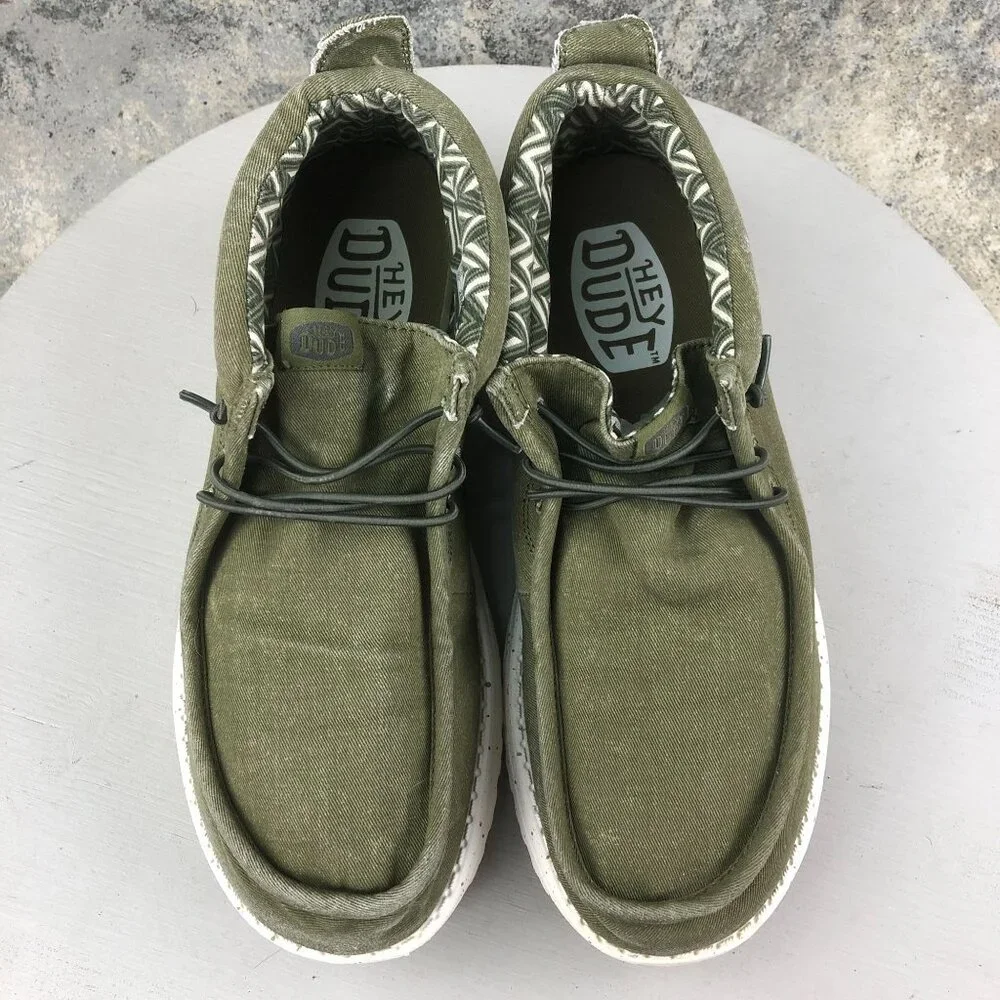 Hey Dude Men's Size 10 Wally Mid Canvas Olive Green Casual Slip On Shoes Ankle